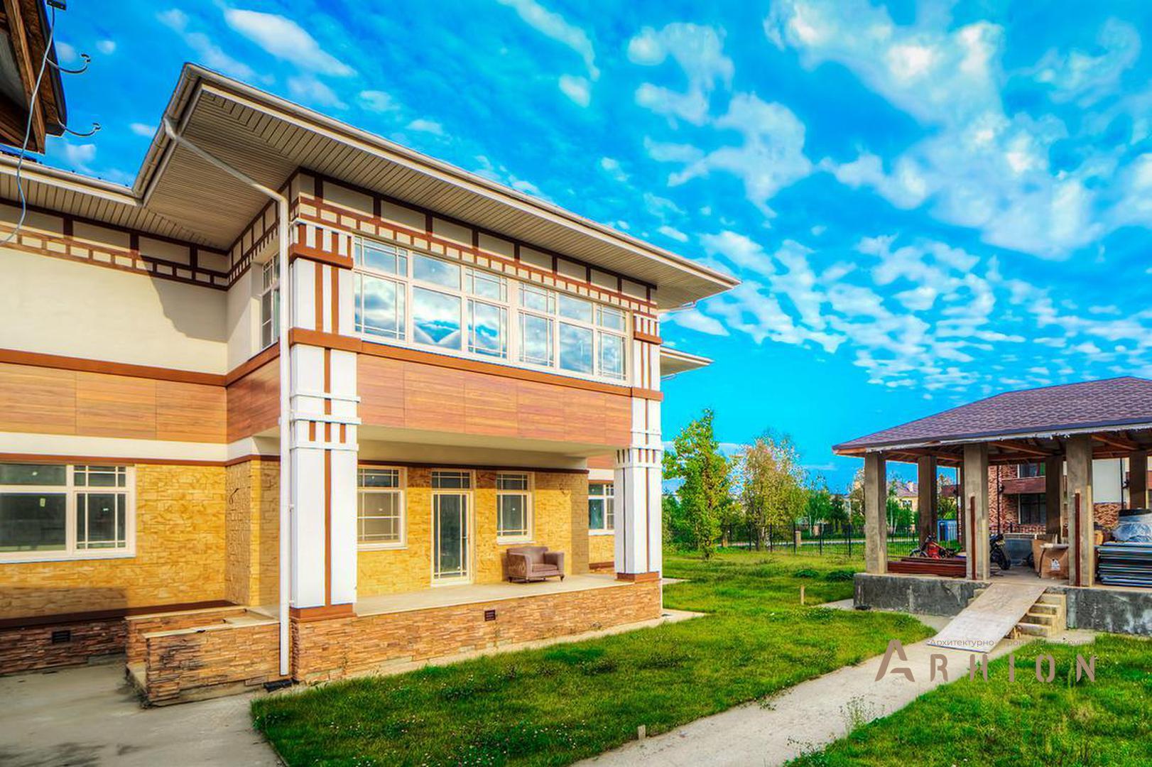 3. Проект двухэтажного дома в стиле Ллойда Райта (прерий) с четырехскатной, gk-07, площадью - 403 кв c сауной, терассой, гаражом, эркером